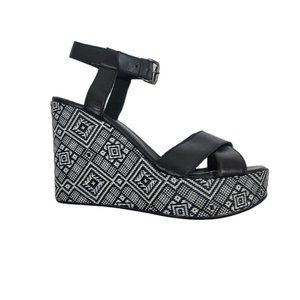 BAGATT ITALY Women Black White Leather Wedge Sandals Tribal Heels Shoes EU41